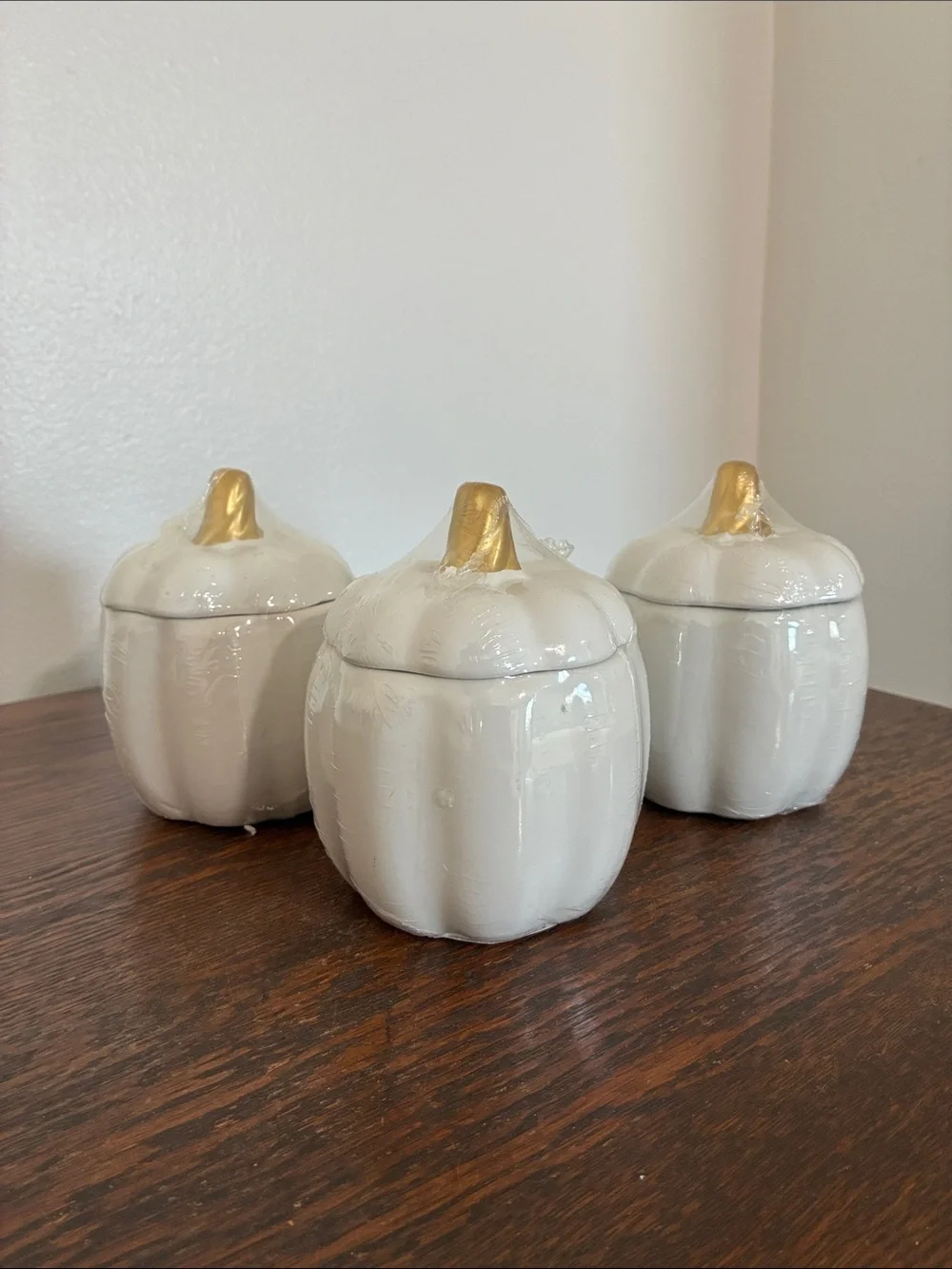 NWT- Set of 3- White Ceramic Pumpkin Jars with Lid & Gold Stems